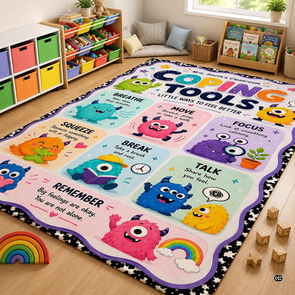 Personalized Teachers Classroom Rug, Custom Teacher Name Classroom Rules Area Rug, Feeling Chart Calming Corner Mat, Kindergarten Educational Back to School Class Decor (D3)