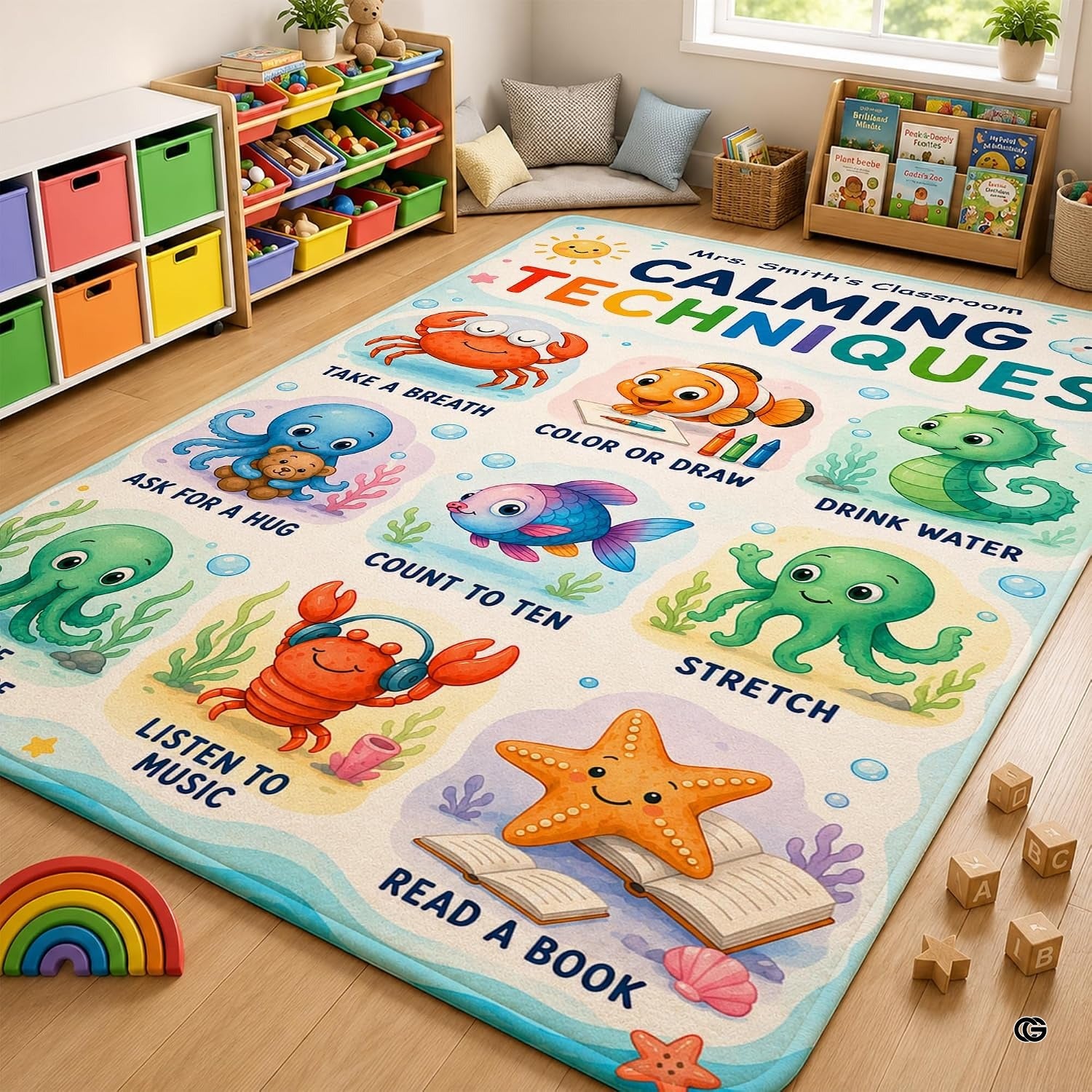 Personalized Teachers Classroom Rug, Custom Teacher Name Classroom Rules Area Rug, Feeling Chart Calming Corner Mat, Kindergarten Educational Back to School Class Decor (D8)