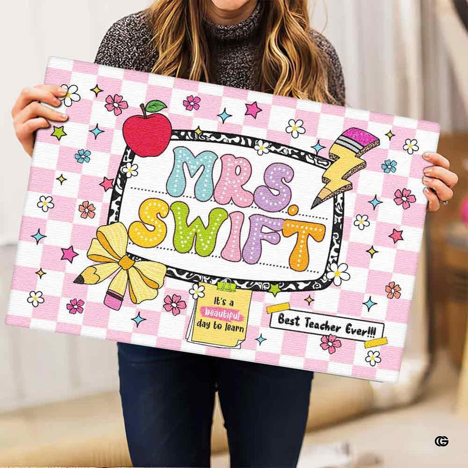 Personalized Teacher Welcome Door Mat with Name, Composition Notebook Style, Perfect Classroom Decor & Back to School Gift for Teachers (Pink Composition Notebook)