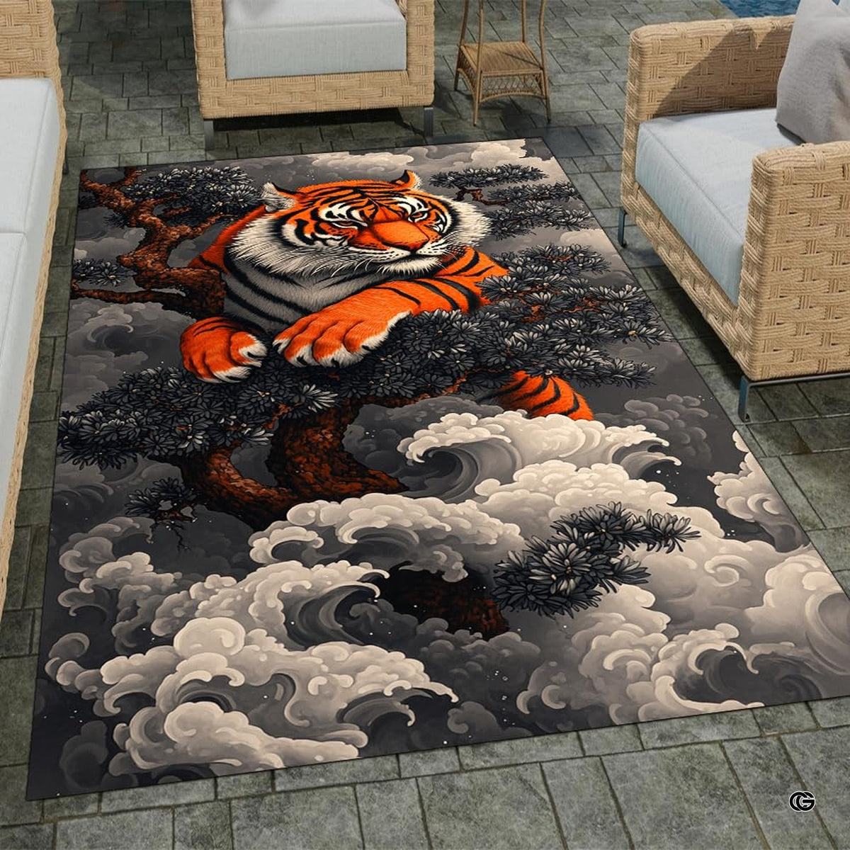 Home lounge arrangement displaying the Japanese ukiyo-e tiger accent rug - image 7 of 8