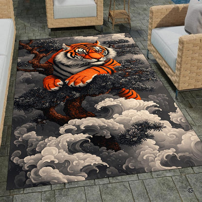Home lounge arrangement displaying the Japanese ukiyo-e tiger accent rug - thumbnail image 7 of 8