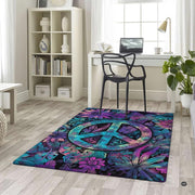 Angle view highlighting radiant neon purple peace emblem artwork across decorative area rug. - thumbnail image 5 of 5
