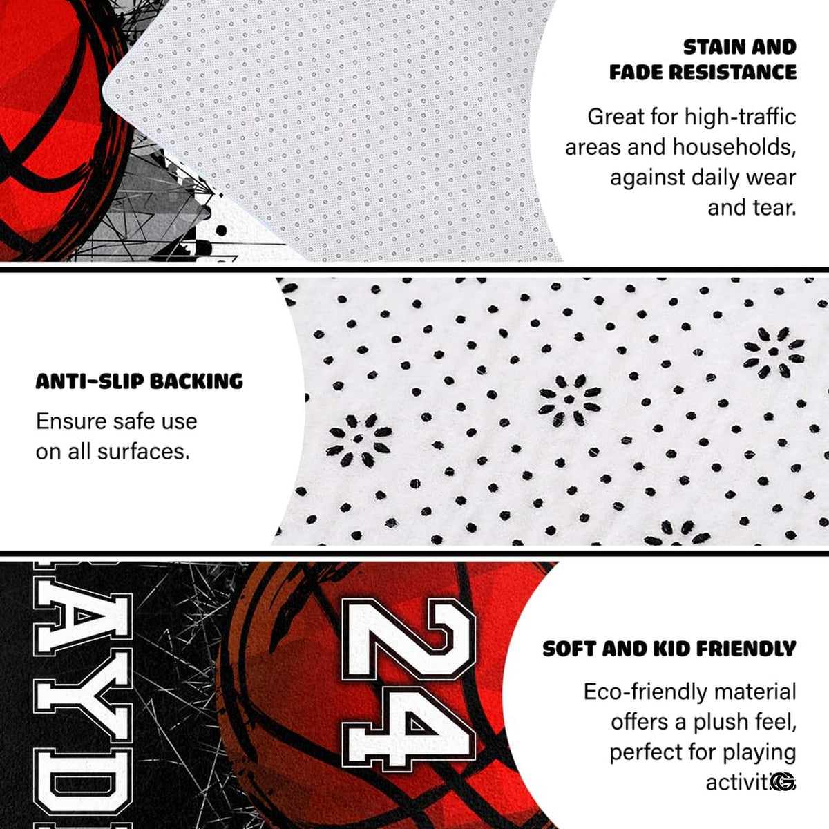 Non-slip grip backing texture and resilient construction of basketball area rug.