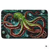 Stained glass marine life giant octopus area rug showing emerald and teal mosaic tiles on dark background.