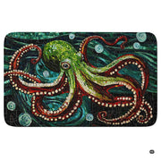 Stained glass marine life giant octopus area rug showing emerald and teal mosaic tiles on dark background. - thumbnail image 1 of 7