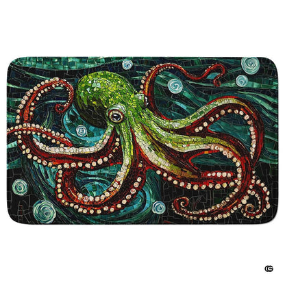 Stained glass marine life giant octopus area rug showing emerald and teal mosaic tiles on dark background. - thumbnail image 1 of 7