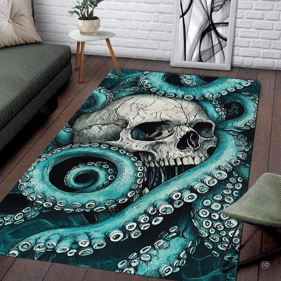 Gothic skull kraken octopus living room area rug with pirate skull entwined in teal tentacles on dark navy