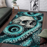 Gothic skull kraken octopus living room area rug with pirate skull entwined in teal tentacles on dark navy - thumbnail image 1 of 7