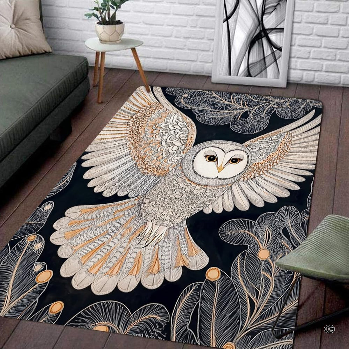 Close view of detailed line art, gold plumage accents, and stylized foliage on the barn owl rug.