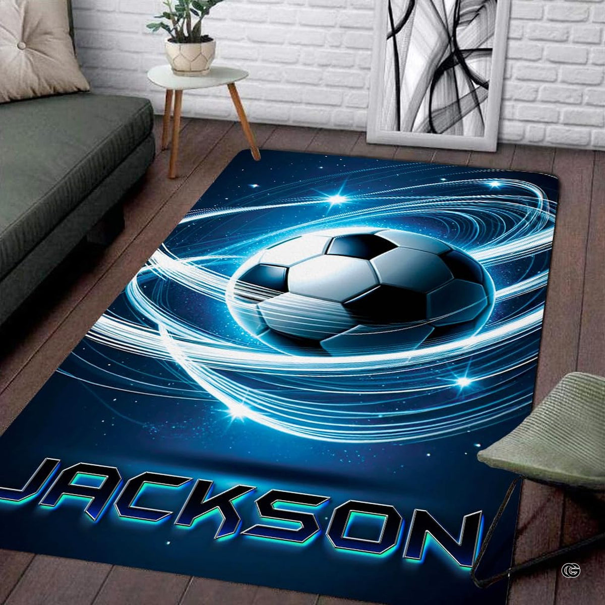 Neon soccer area rug placed alongside contemporary living room furniture.
