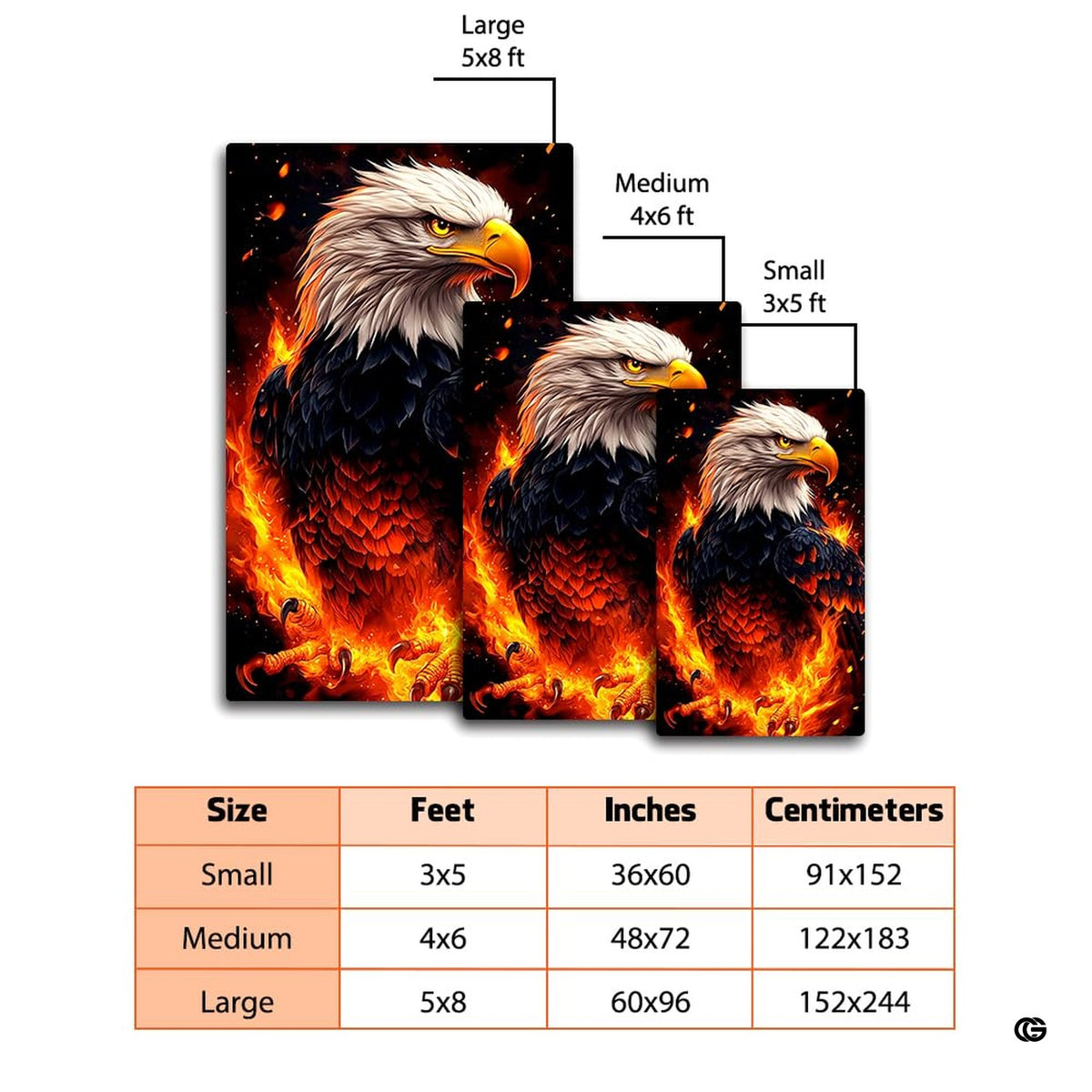 Dimension comparison chart displaying multiple size formats for this fiery eagle area rug. - image 2 of 7