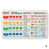 Classroom setting featuring an emotion color zones regulation chart area rug on wood flooring
