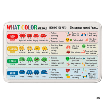 Classroom setting featuring an emotion color zones regulation chart area rug on wood flooring - thumbnail image 1 of 9