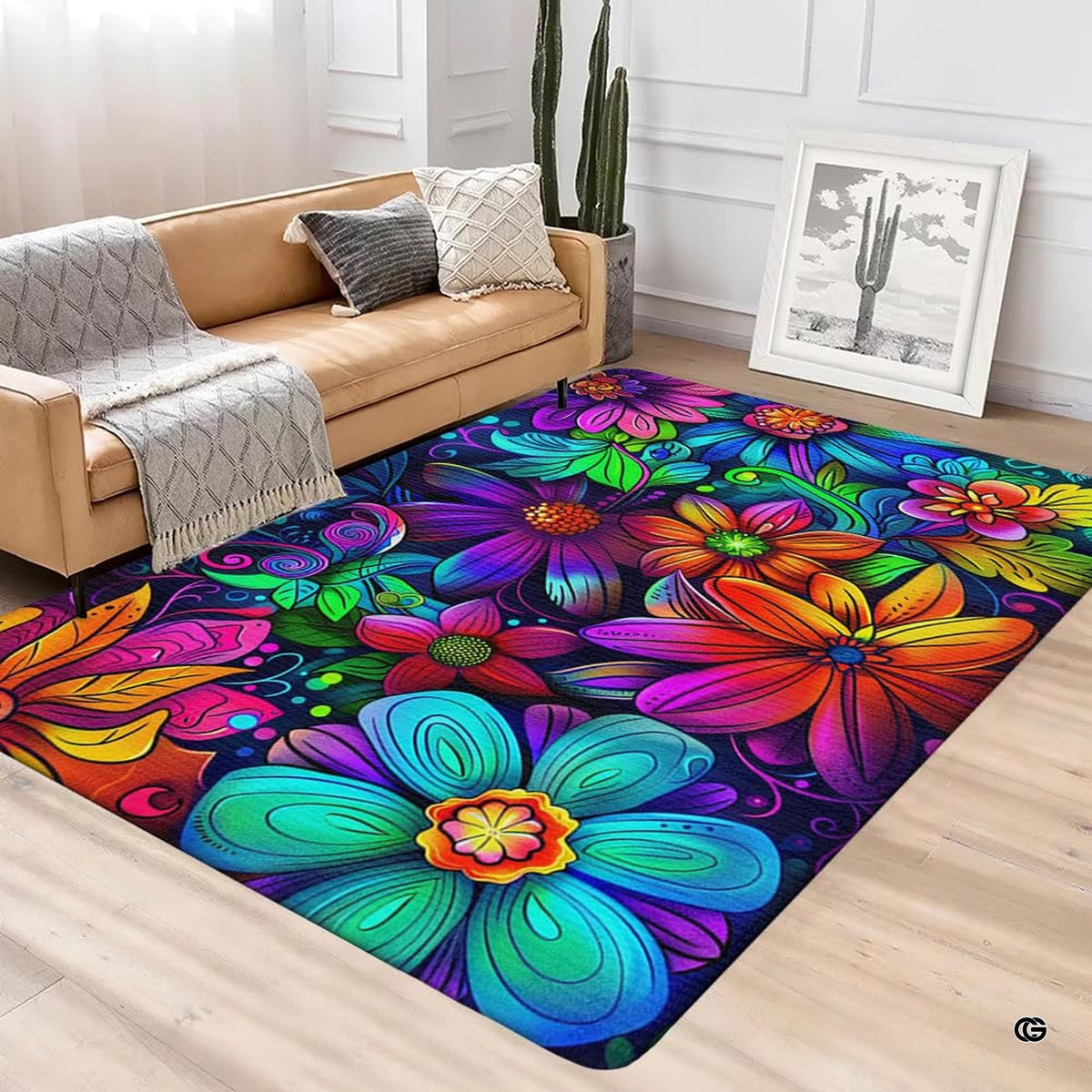 Anti-slip dot backing and clean hemmed edge stitching on neon floral boho rug - image 4 of 5