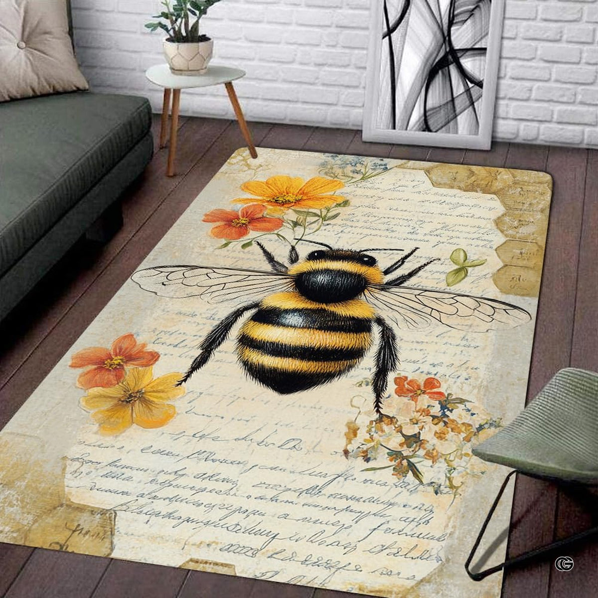 Living room mockup highlighting the bumblebee and parchment manuscript print area rug - image 2 of 8