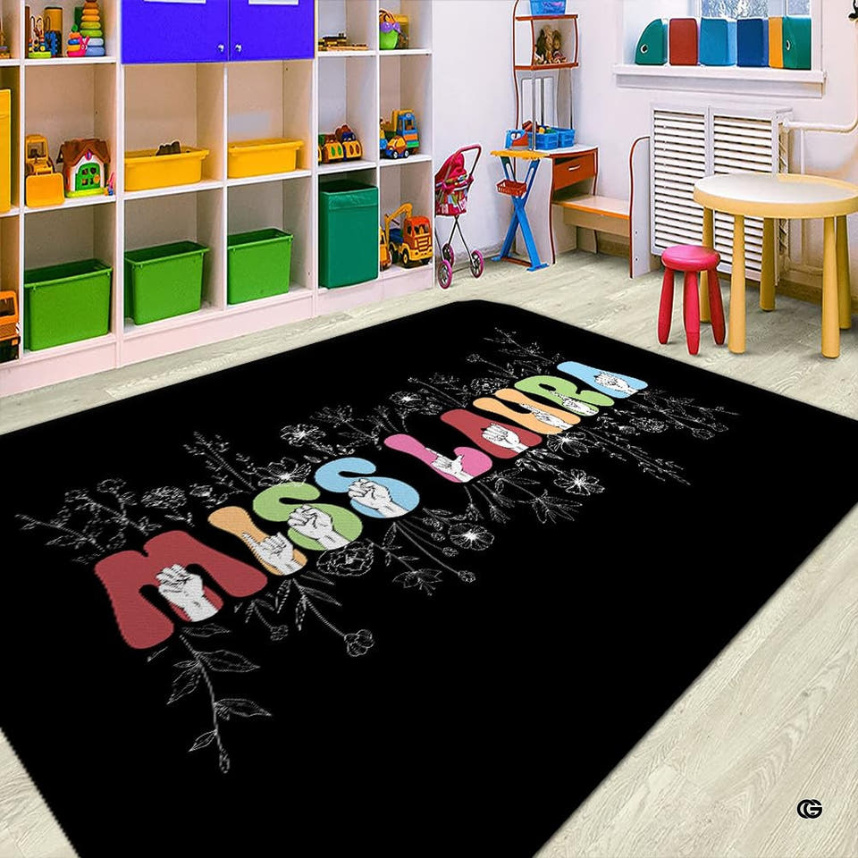 Dimension chart displaying size options for teacher classroom area rug.