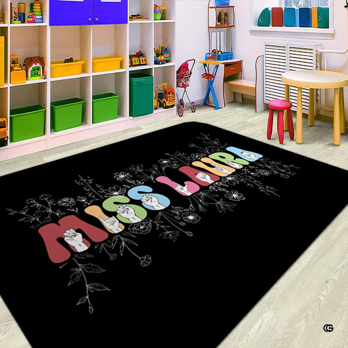 Dimension chart displaying size options for teacher classroom area rug.
