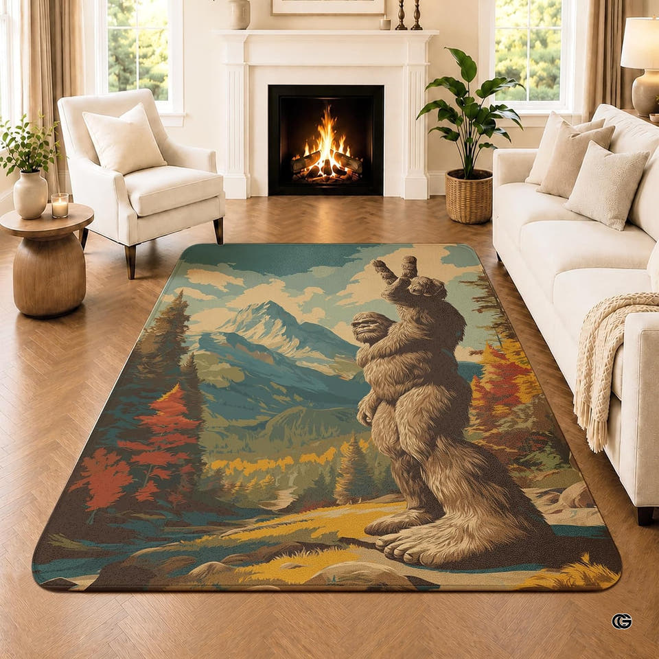 Personalized Bigfoot Area Rug Sasquatch Rug Unique Outdoor Adventure for Home Décor Living Room Bedroom (Bigfoot Say Hello)