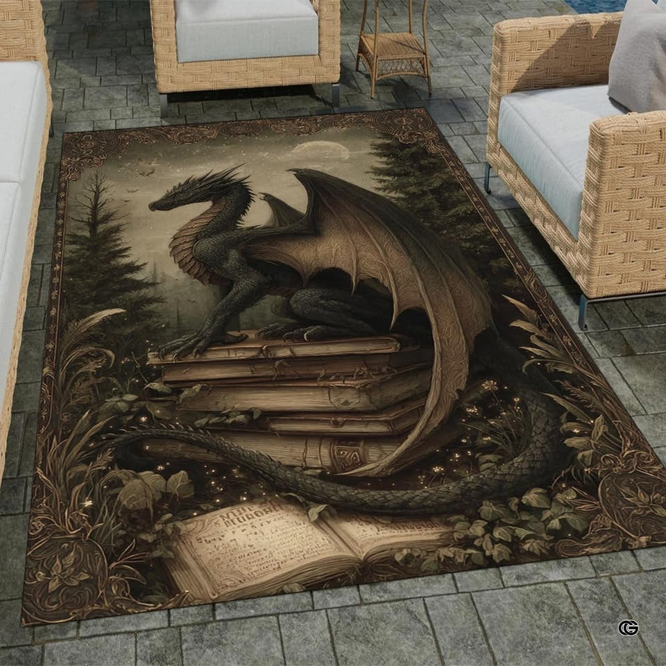 Dark fantasy winged dragon area rug flat view displaying dragon perched atop spellbooks in moonlit woods
