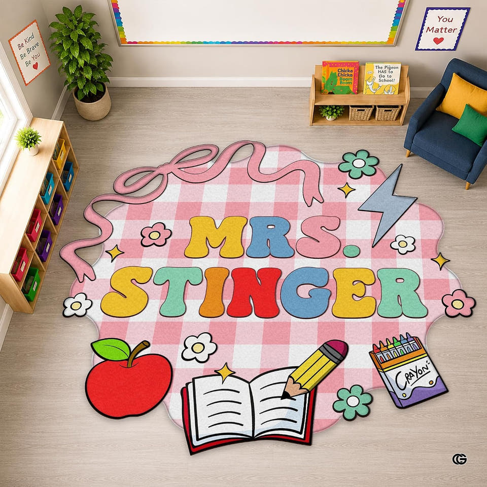 Classroom area rug featuring colorful book motifs and alphabet border for kids school study spaces