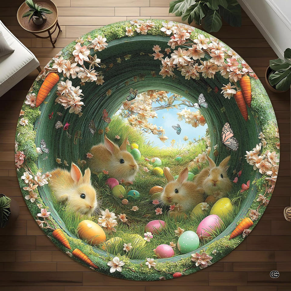 Round area rug on a wood floor featuring bunnies, blossom flowers, and colorful eggs