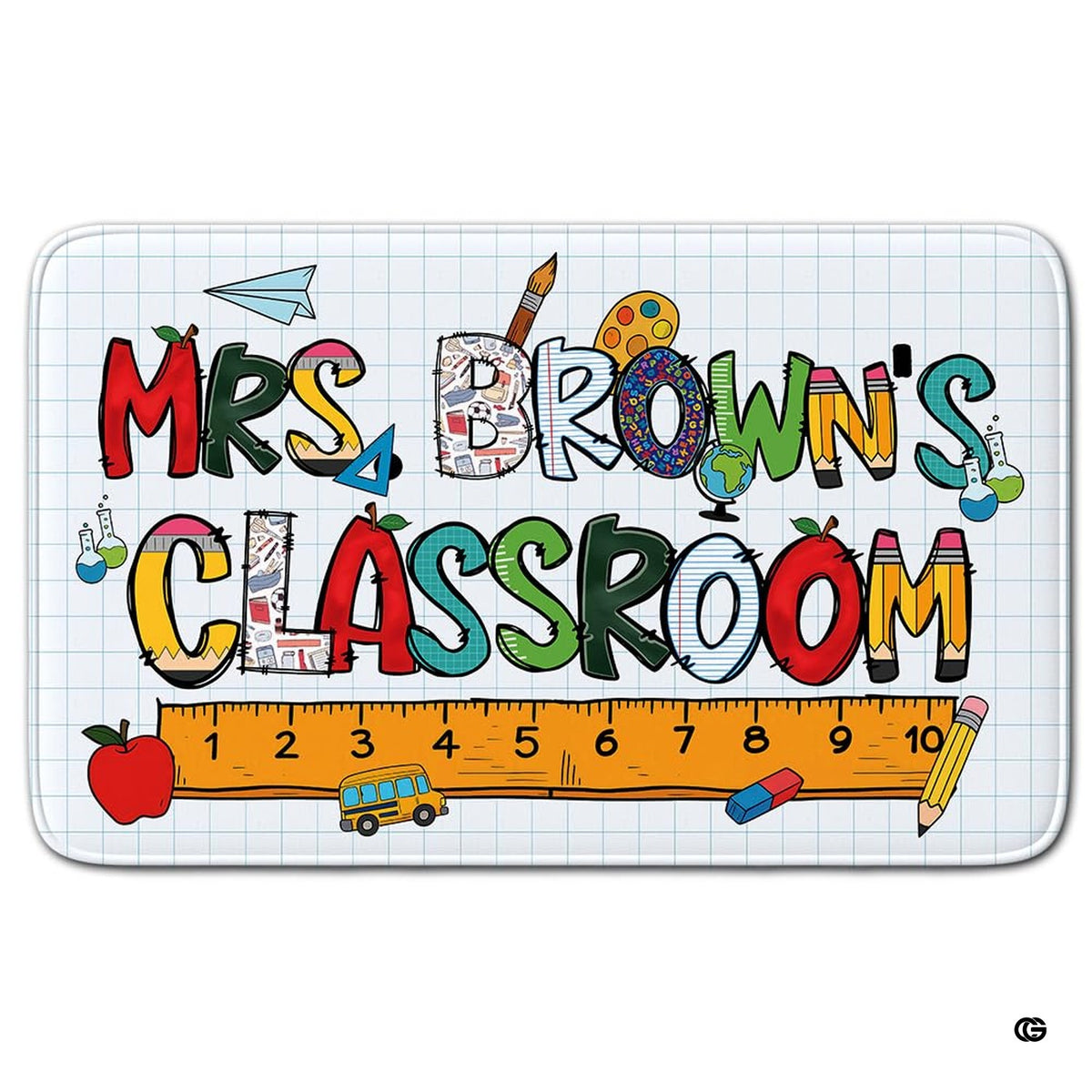 Back to school doodles area rug featuring graph paper grid pattern and school supplies. - image 1 of 7