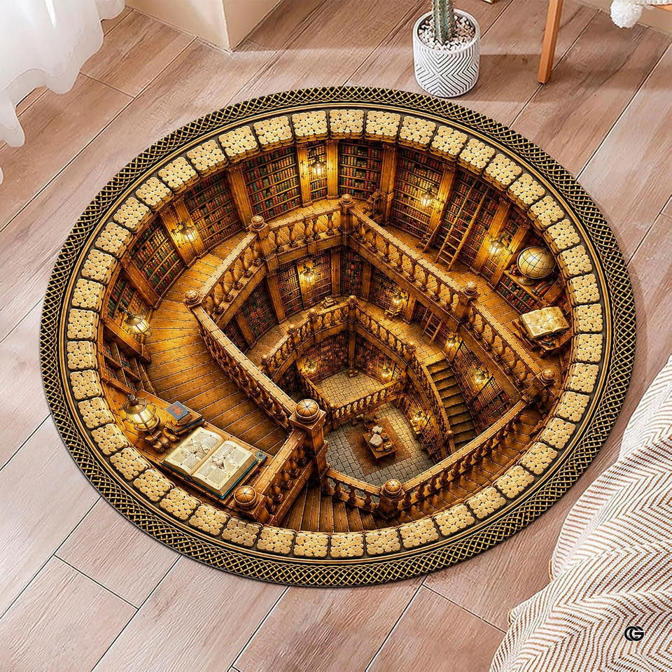 3D optical illusion spiral library bookshelf circular area rug in primary perspective