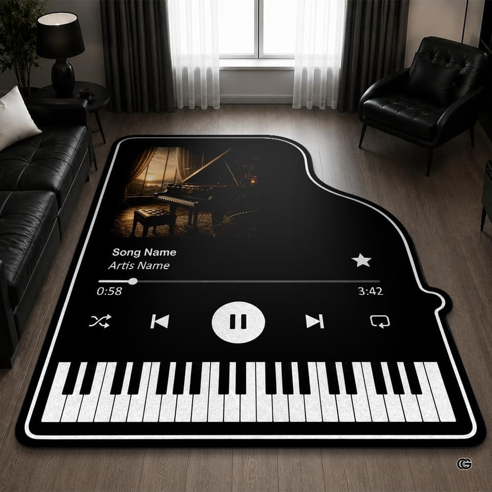 Grand piano music player rug in a dark lounge
