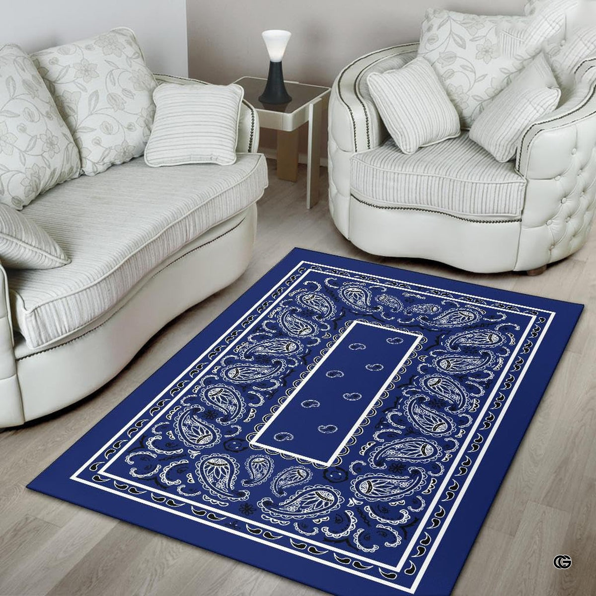 Non-slip rubber backing and bound edge stitching on blue bandana floor rug - image 4 of 9
