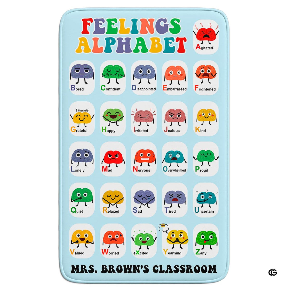 Classroom hardwood floor setting displaying the feelings alphabet emotions chart area rug
