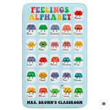Classroom hardwood floor setting displaying the feelings alphabet emotions chart area rug