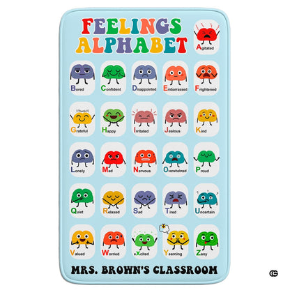 Classroom hardwood floor setting displaying the feelings alphabet emotions chart area rug - thumbnail image 1 of 8