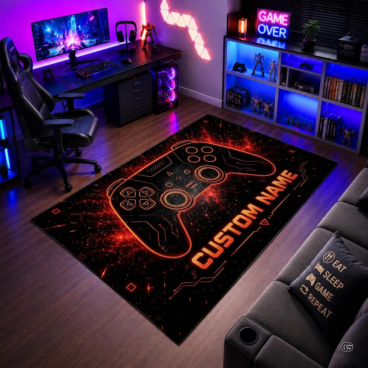 Neon gamepad controller fiery cyber area rug in primary perspective