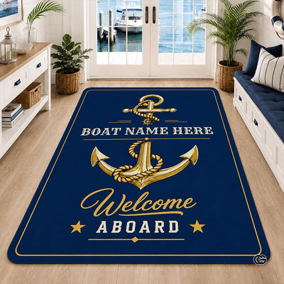 Custom Boat Rug, Personalized Welcome Aboard Mat with Boat Name, Nautical Area Rug for Deck, Entryway or Floor, Anchor Marine Decor, Boating Gift (Boat Rug 02)