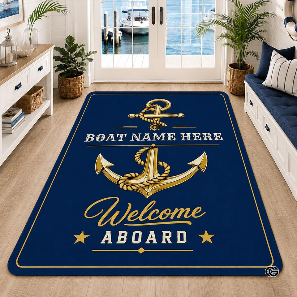 Custom Boat Rug, Personalized Welcome Aboard Mat with Boat Name, Nautical Area Rug for Deck, Entryway or Floor, Anchor Marine Decor, Boating Gift (Boat Rug 02)