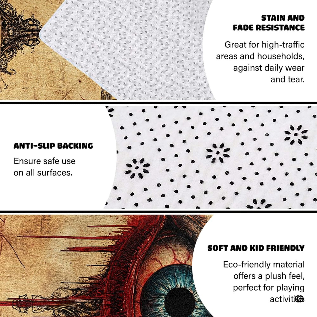 Close view of weeping eye artwork on dark decorative rug showing bloodshot detailing and teal pupil.