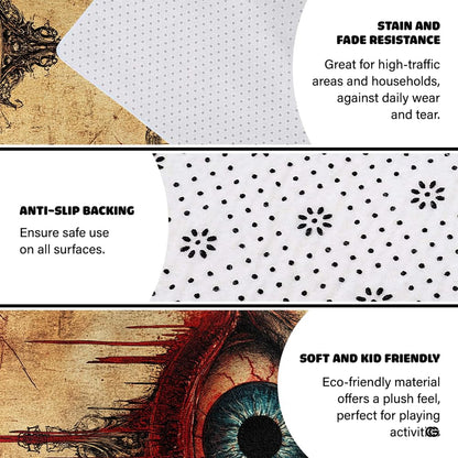 Close view of weeping eye artwork on dark decorative rug showing bloodshot detailing and teal pupil. - thumbnail image 3 of 7