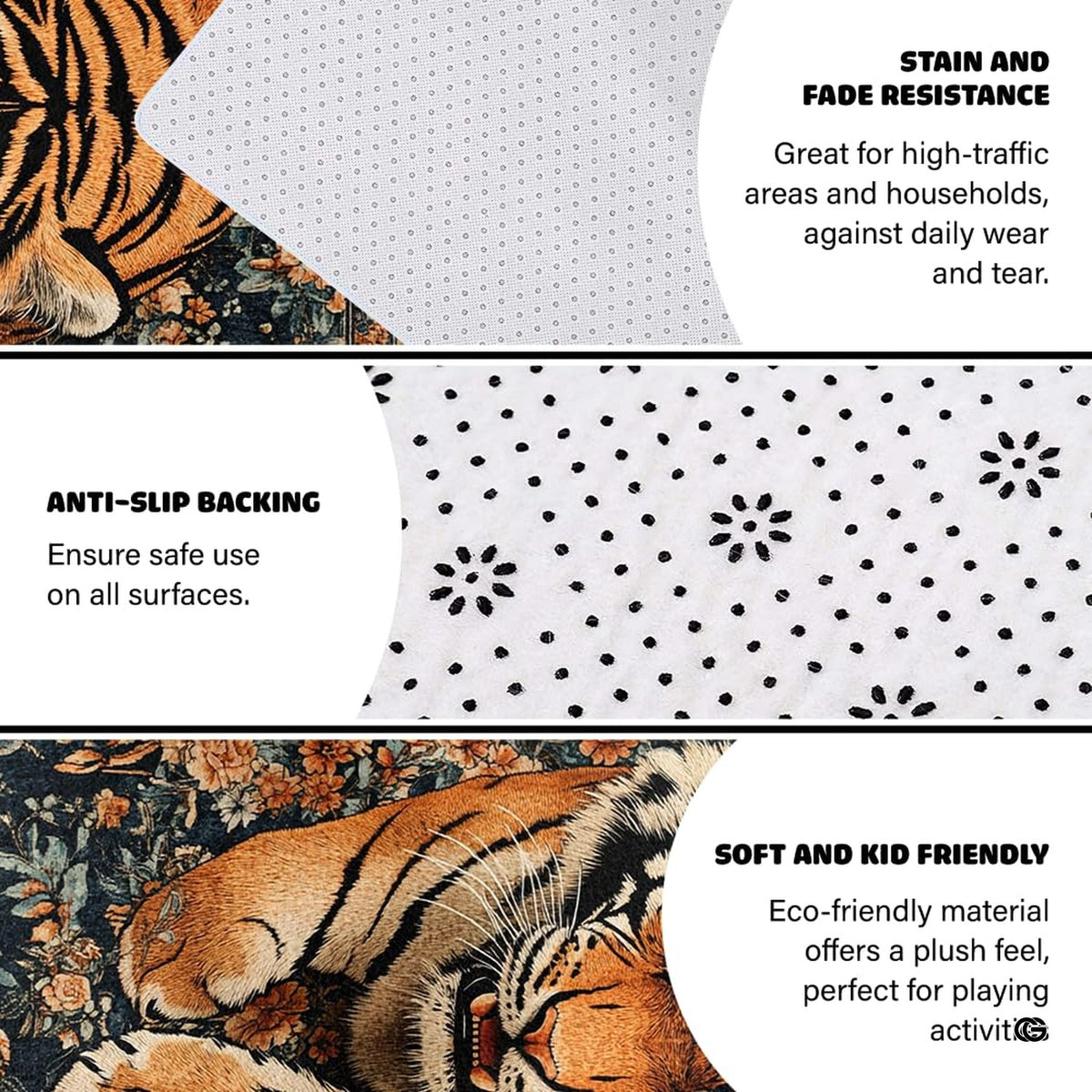 Non-slip grip backing and bound edge stitching on antique floral tiger rug