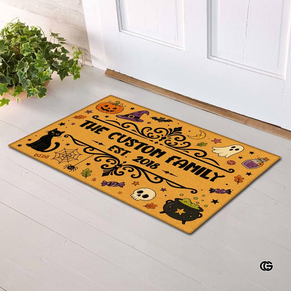 Halloween Door Mat Outdoor, Custom Spooky Welcome Mat with Black Cat and Pumpkin, Fall Front Door Mat for Porch Entryway Decor #5