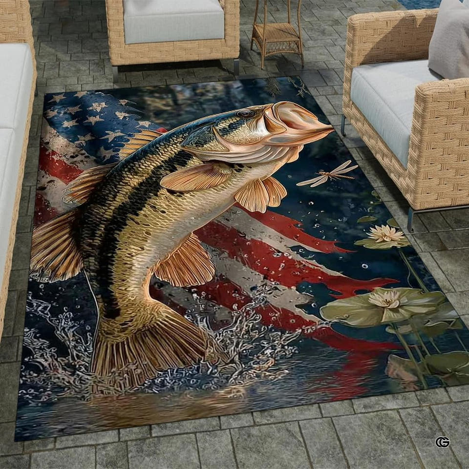 Leaping bass dragonfly patriotic flag water lily area rug on outdoor patio pavers