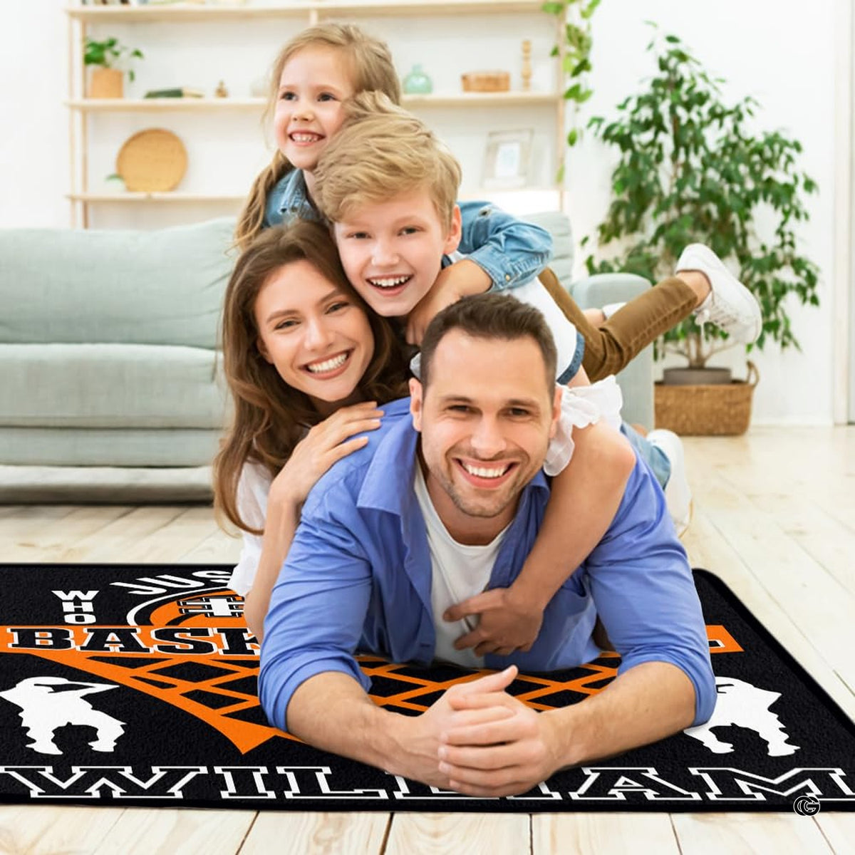 Modern living lounge styled with decorative accent court action graphic floor rug.