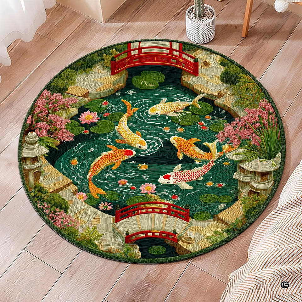 Japanese garden koi pond round area rug showcasing swimming orange carp and cherry blossoms.
