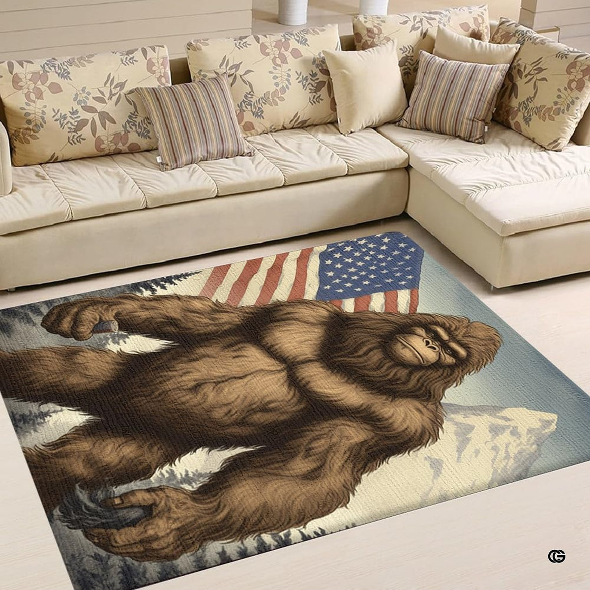 Close view of muscular Bigfoot figure against navy blue and muted red flag backdrop on rug. - image 4 of 5
