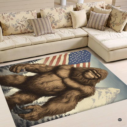 Close view of muscular Bigfoot figure against navy blue and muted red flag backdrop on rug. - thumbnail image 4 of 5