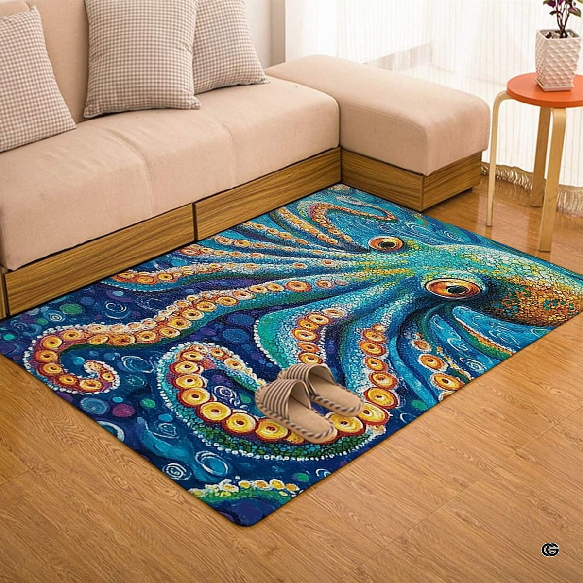 Eclectic interior arrangement harmonized with an expressive octopus ocean creature rug on dark wood flooring. - image 7 of 7
