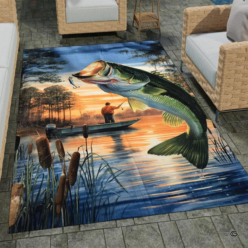 Sunset lake boat fisherman leaping bass cattails area rug on outdoor patio pavers