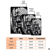Bedroom floor mockup highlighting the monochrome American flag football player print area rug - thumbnail image 2 of 7