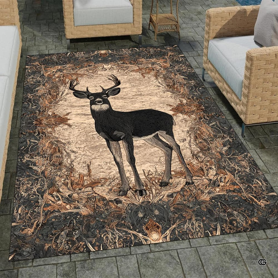 Black deer buck area rug displaying antler border artwork placed between patio chairs.