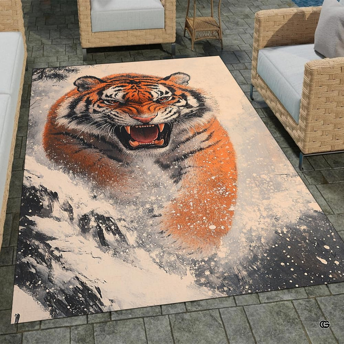 Bright interior decor setup featuring the roaring winter tiger floor carpet