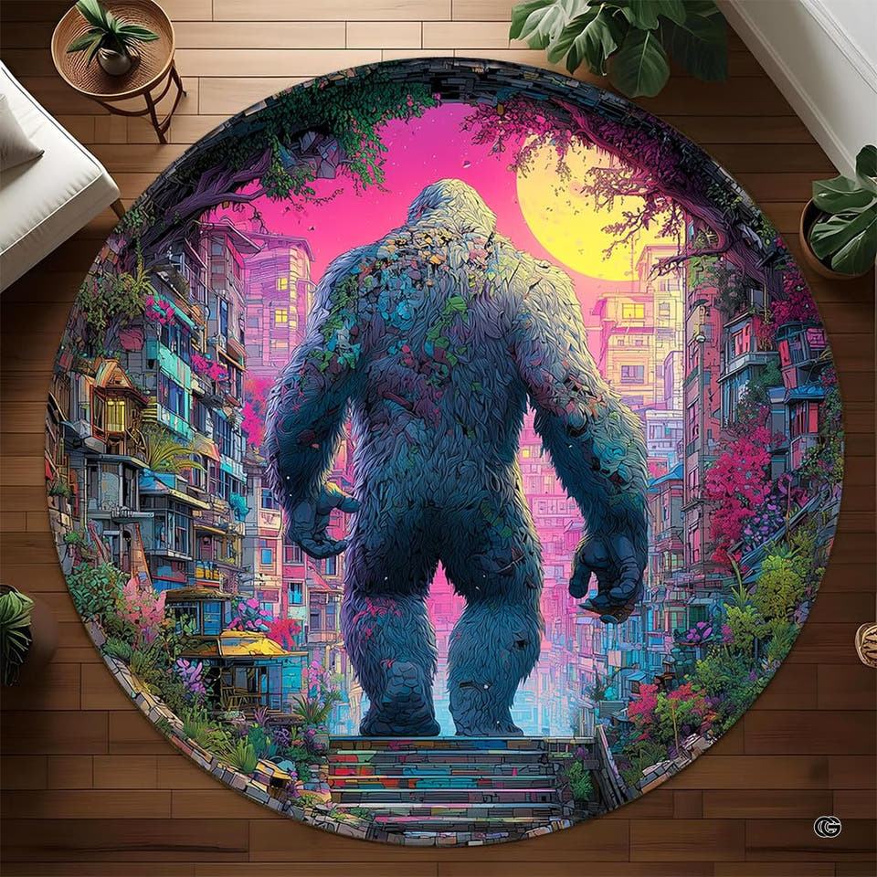 Round neon Bigfoot rug in a colorful fantasy city